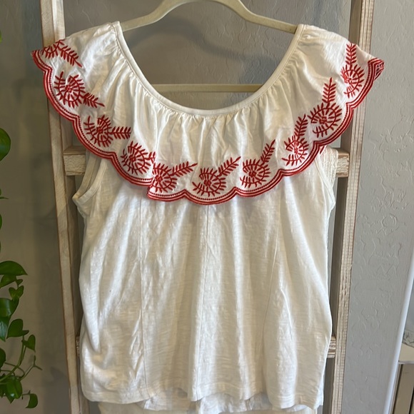 White 100% cotton Anthropologie blouse with red ruffle neckline detail - Picture 2 of 2